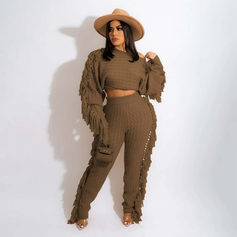 Women s 2 Piece Sets Solid Knit Long Sleeve Fringe Sweater Casual Tracksuit Pullover Jogger Pants Lounge Sets Coffee XL