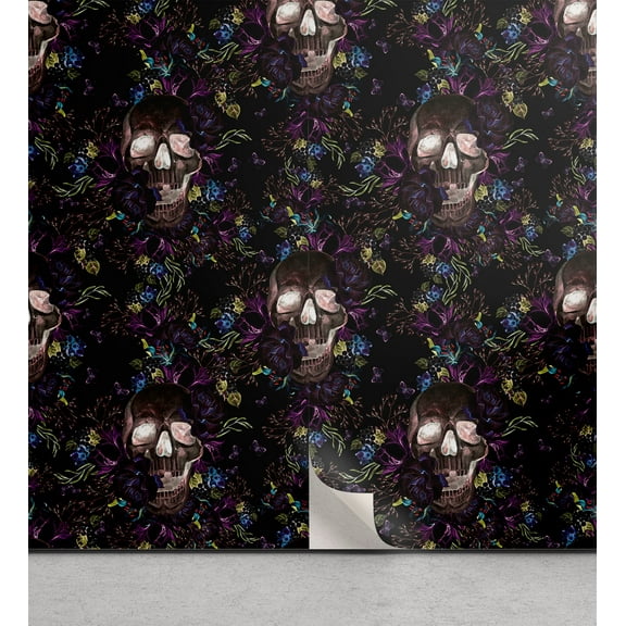 Ambesonne Halloween Peel & Stick Wallpaper for Home, Spooky Skull Exotics Boho, 13"x100", Dark Magenta and Multicolor