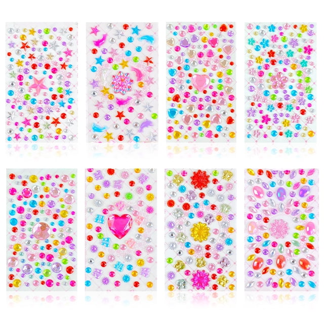 Pegatinas de gemas autoadhesivas, 8 hojas de cristal acrílico adhesivo, joya de cristal brillante multicolor, varias formas de piedras preciosas de cristal multicolor para manualidades, joyas,