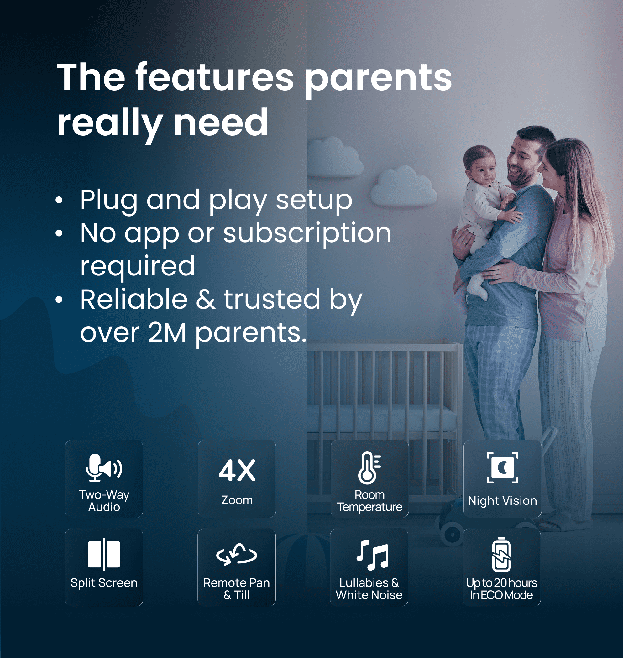 Babysense Full HD 5.5" Split Screen Baby Monitor with Camera and Audio, 6-Color Night Light, White Noise, Sound & Light Machine, 20-Hour Battery, Hack-Proof Non-WiFi Secure Connection