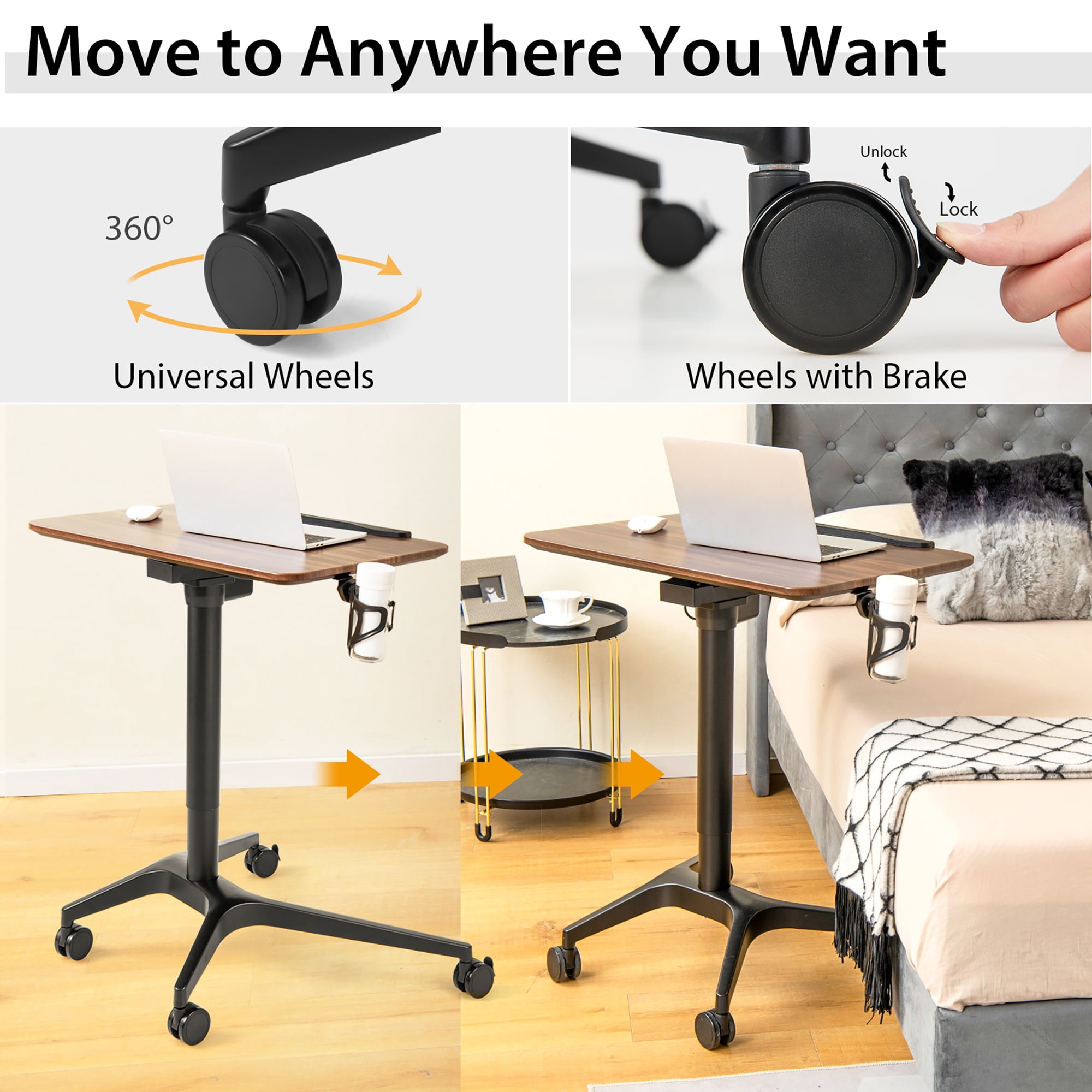 Costway Pneumatic Standing Desk Tilting Adjustable Laptop Cart Mobile Podium Cup Holder