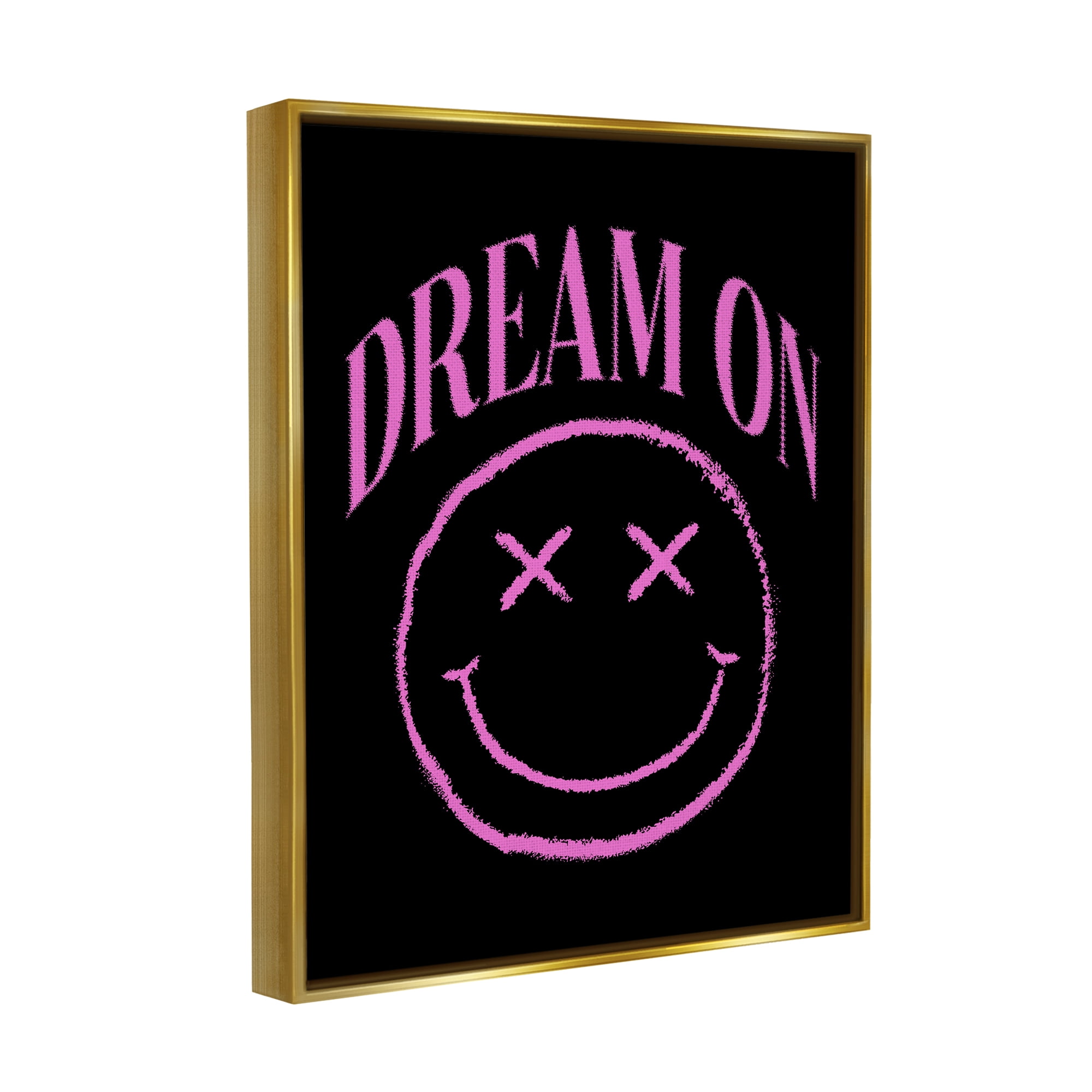 Stupell Industries Dream On Pink Smiley Abstract Painting Gold Floater Framed Canvas Art Print Wall Art, 17 x 21