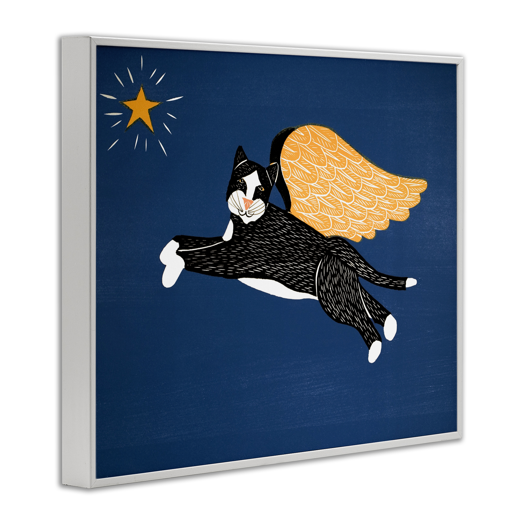 Angel Cat with Star White Framed Giclee Art, design by Stephen Huneck