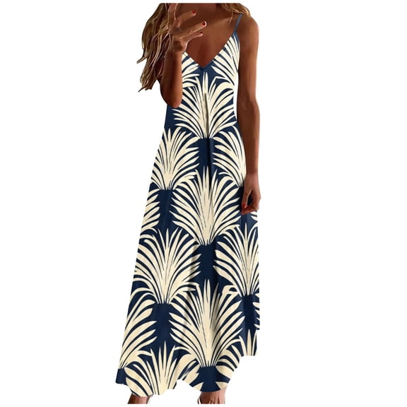 QUNYINEY Casual Sundresses for Women Beach Hawaiian A Line Sleeveless Long Dresses Vacation Loose Fit Flowy V-Neck Slip Dress