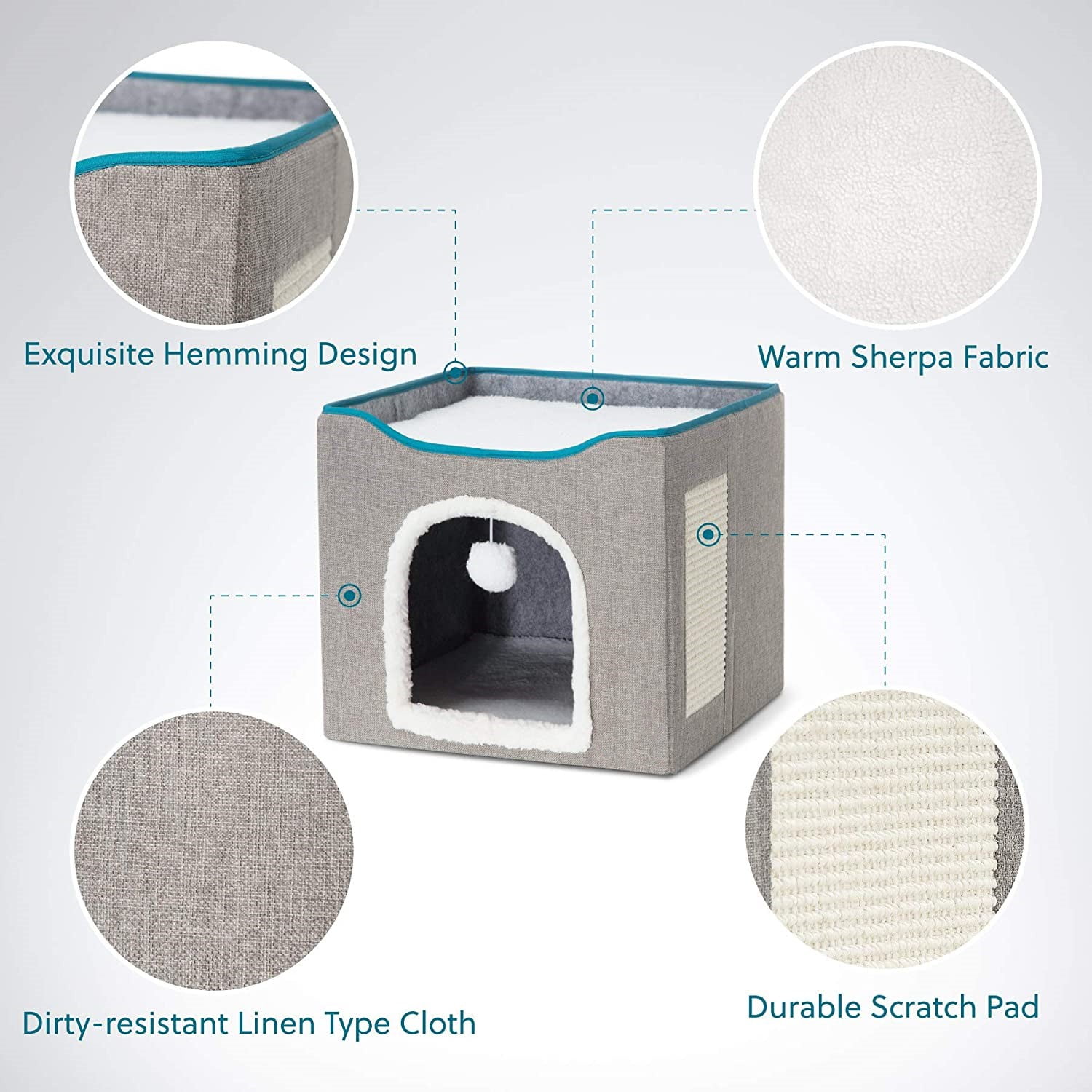 Cat Bed, HDJ Cat House with Scratch Pad and Fluffy Ball Hanging for Cat, Dog,Pets ,16.5x16.5x14 inches, Grey