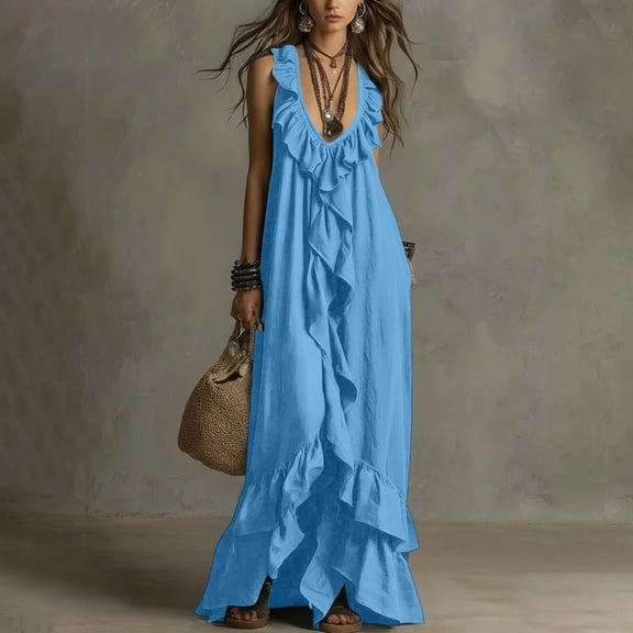 Ovbmpzd Maxi Casual Summer Dresses for Women Ruffle Shift Tiered Sky Blue Dresses Casual Sleeveless V-Neck Dresses Women'S Summer Dresses,XL