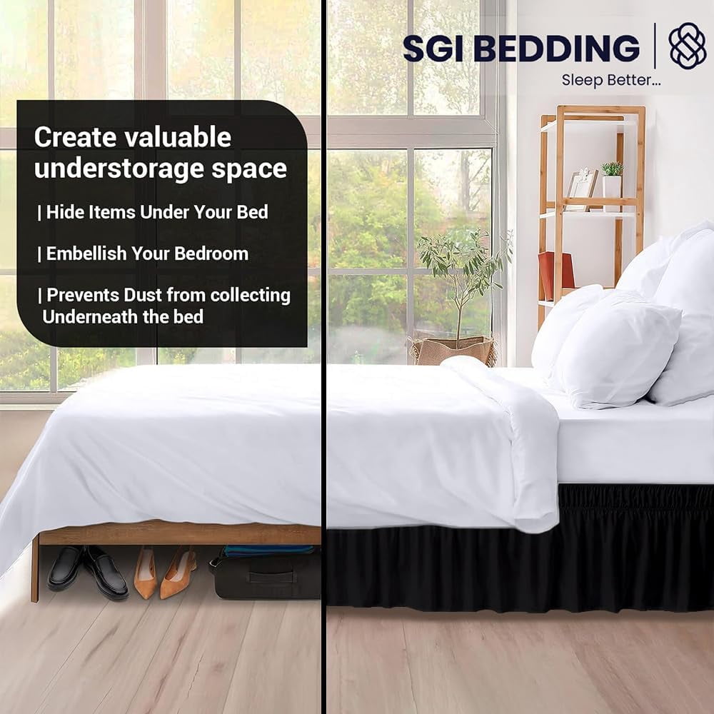 SGI bedding 12 inch Drop Wraparound Bed Skirt King Size - No Lifting Required, Adjustable Easy Fit Elastic Strap, Classic Gathered Styling Dust Ruffle, Fade Resistant -Black