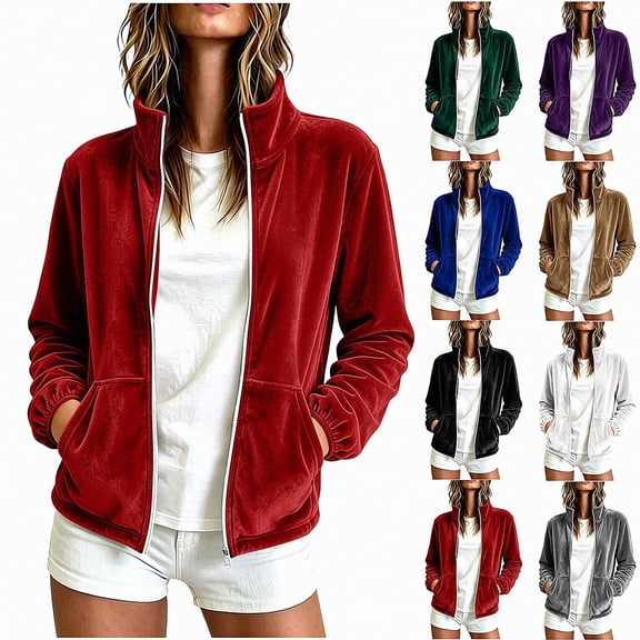 ITSAME Womens Full Zip Fleece Jacket Stand Collar Soft Comfy Fall Winter Casual Outerwear with Pockets Red Size XL