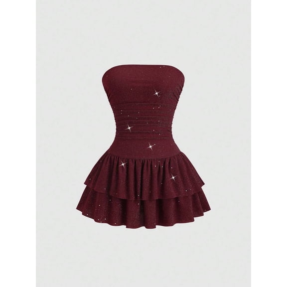 Burgundy Shiny Strapless Cinched Waist Tiered Ruffle Mini Dress For Elegant Casual Summer Wear