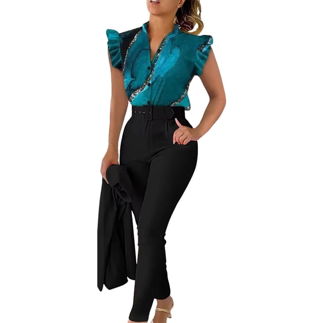 Conjunto de camiseta sin mangas con volantes estampada y pantalones con cinturón para mujer - Traje de blusa sin mangas - Ropa de diario