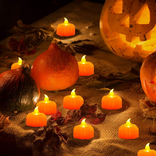 NAOJIE 12 Pack Pumpkin Tea Lights Fall Decorations,LED Orange Pumpkin Lights Flame Less Candles Battery Operated Halloween Pumpkins Flickering Candles for Thanksgiving Table Decor(C)