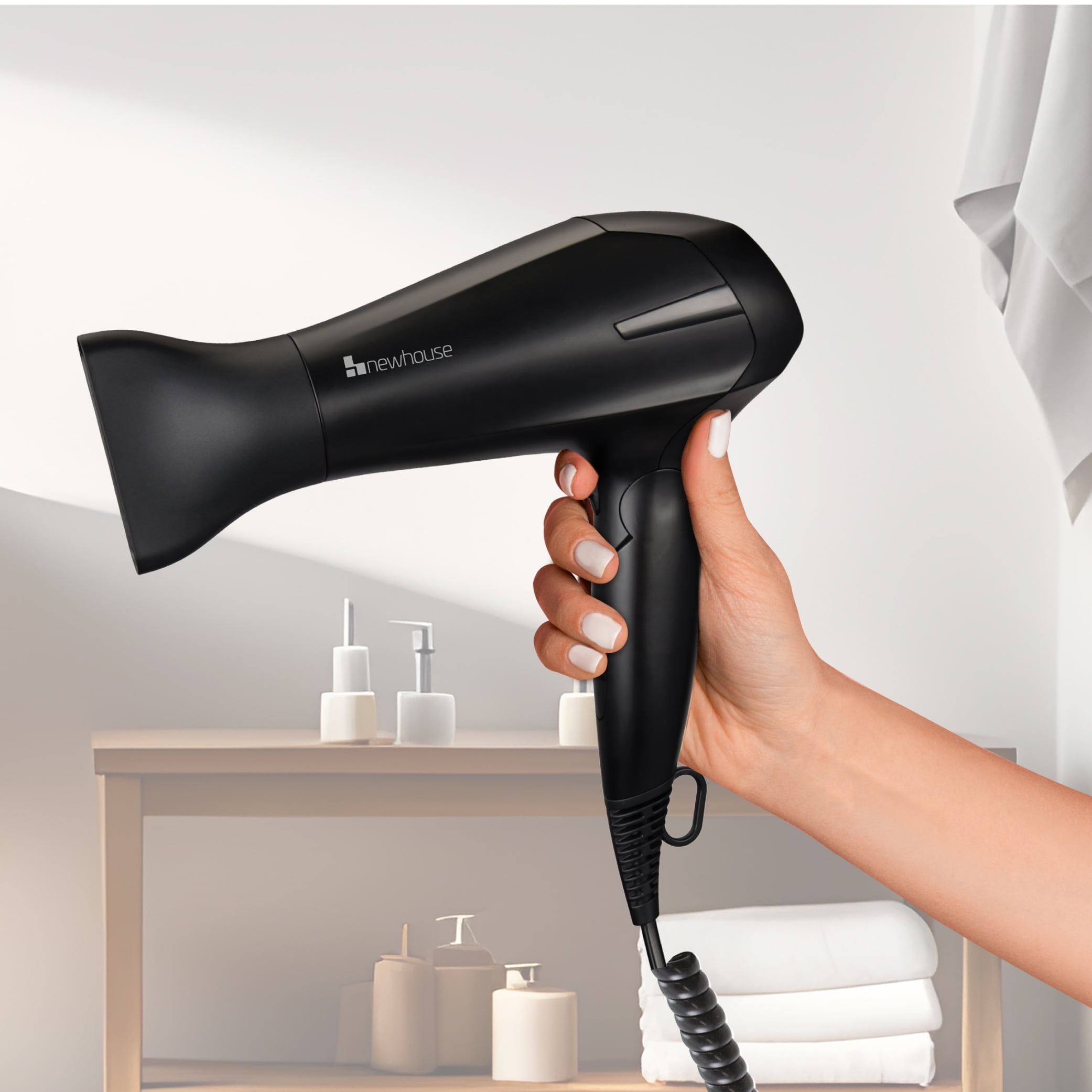Newhouse 125V 1875-Watt Foldable Hair Dryer with Spiral Cord NHHD-001-FS, Compact Foldable Hair Blow Dryer, Low-Noise Ionic Hair Dryer, ETL Certified for Hospitality and Residential Use