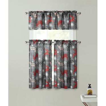 Kate Aurora Complete Plaid Christmas Reindeers & Snowflakes 3 Pc Kitchen Curtain Tier And Valance Set