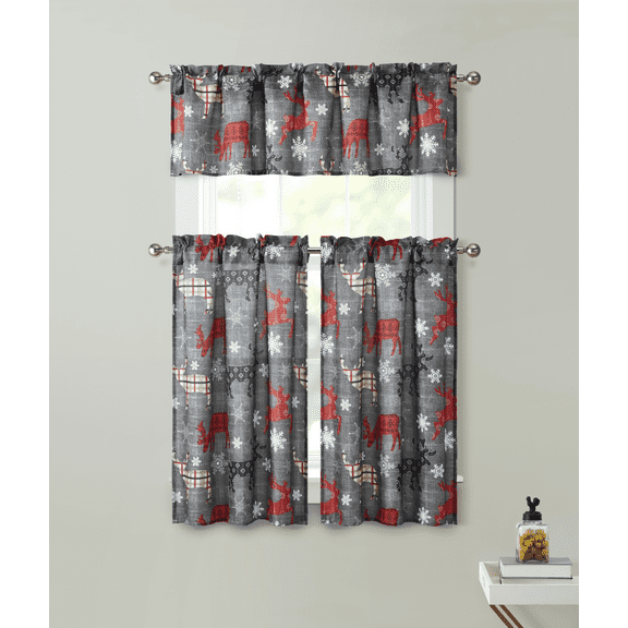 Kate Aurora Complete Plaid Christmas Reindeers & Snowflakes 3 Pc Kitchen Curtain Tier And Valance Set