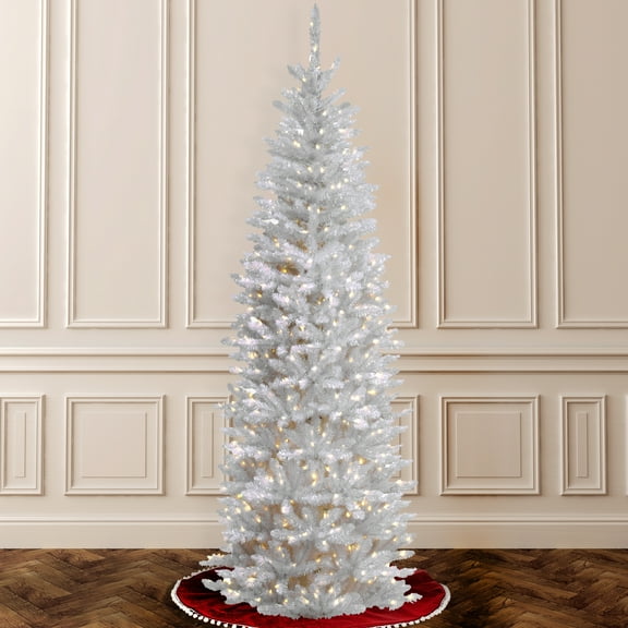 6.5 ft. Artificial Pre-Lit Kingswood Fir Slim Christmas Tree, White, Clear Lights, Includes Stand