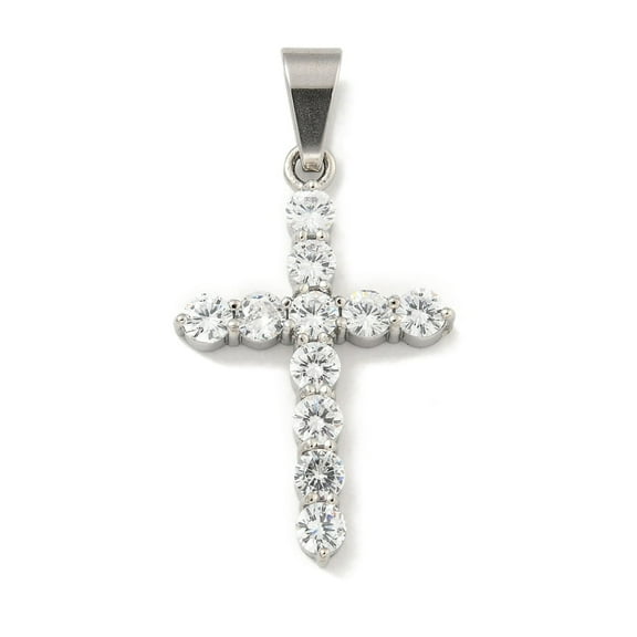 304 Stainless Steel Cubic Zirconia Pendants Cross Charm Stainless Steel color 35x22.5x4.5mm Hole: 8.5x5mm