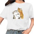 thumbnail image 1 of Camiseta blanca informal con cuello redondo y manga corta con estampado de gato bonito para mujer Pompotops hkajfhjk459181, 1 of 5