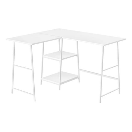48 Inch White L Shaped Computer Desk with Open Shelves and Metal Frame