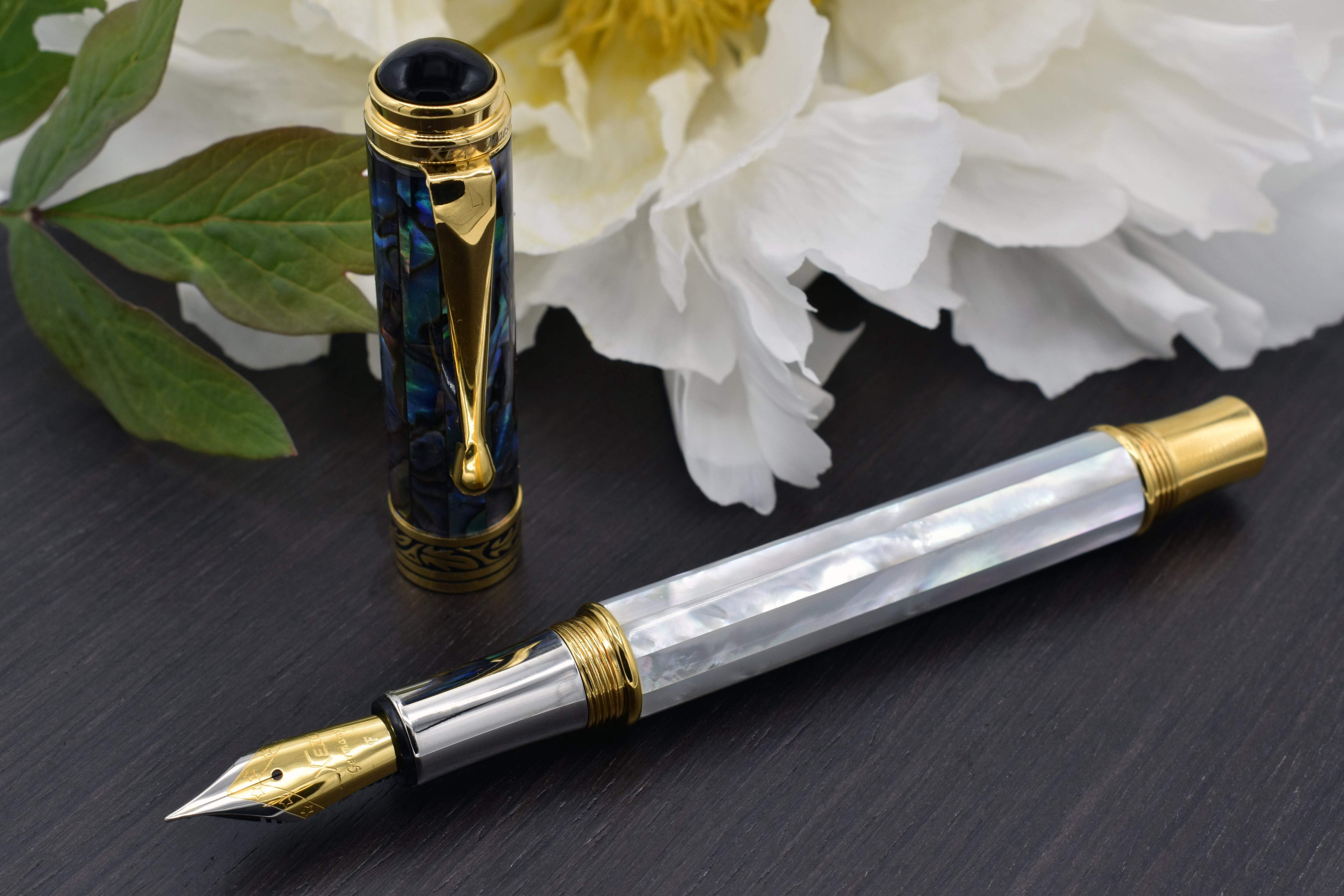 Xezo Xezo Maestro® 18K Gold Plated Fountain Pen (Fine Nib) - Oceanic White Mother of Pearl  Paua Abalone
