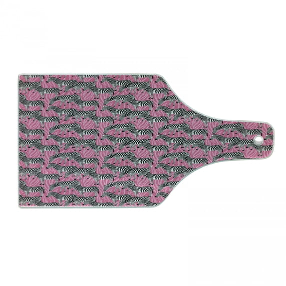 Pink Zebra Cutting Board, Zebras Pattern Wild Animal Hippie Indie Tropical Tones Pastel, Decorative Tempered Glass Cutting and Serving Board, Wine Bottle Shape, White Black Pink, by Ambesonne