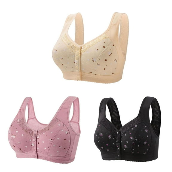 3 Pack Everyday Sleep Bras - Nature Cotton Soft Cup Wireless Front Button Snap Close Seamless Padded Bras for Women