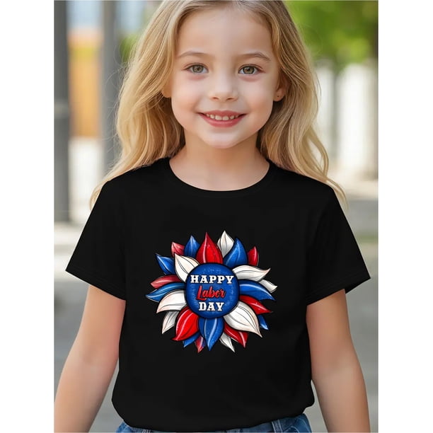 Happy Labor quot; Graphic Tee for Girls - Casual White Knit T-Shirt with Patriotic Star Design, Short Sleeve, Round Neck, Perfect for Spring/Summer, Casual Attire|Patriotic Design|Comfortable Fit