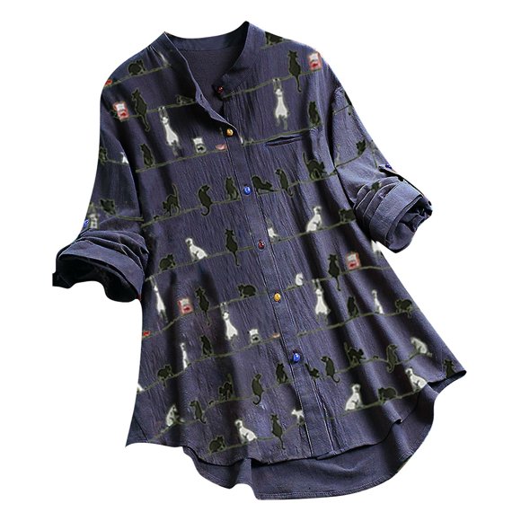 Blusa tipo camisa para mujer, casual, con estampado de gato, manga larga