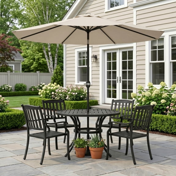 Lacoo 9' Outdoor Patio Umbrella, Market Table Umbrella with Push Button Tilt, 8 Heavy-Duty Steel Ribs & Wind Vents, Beige