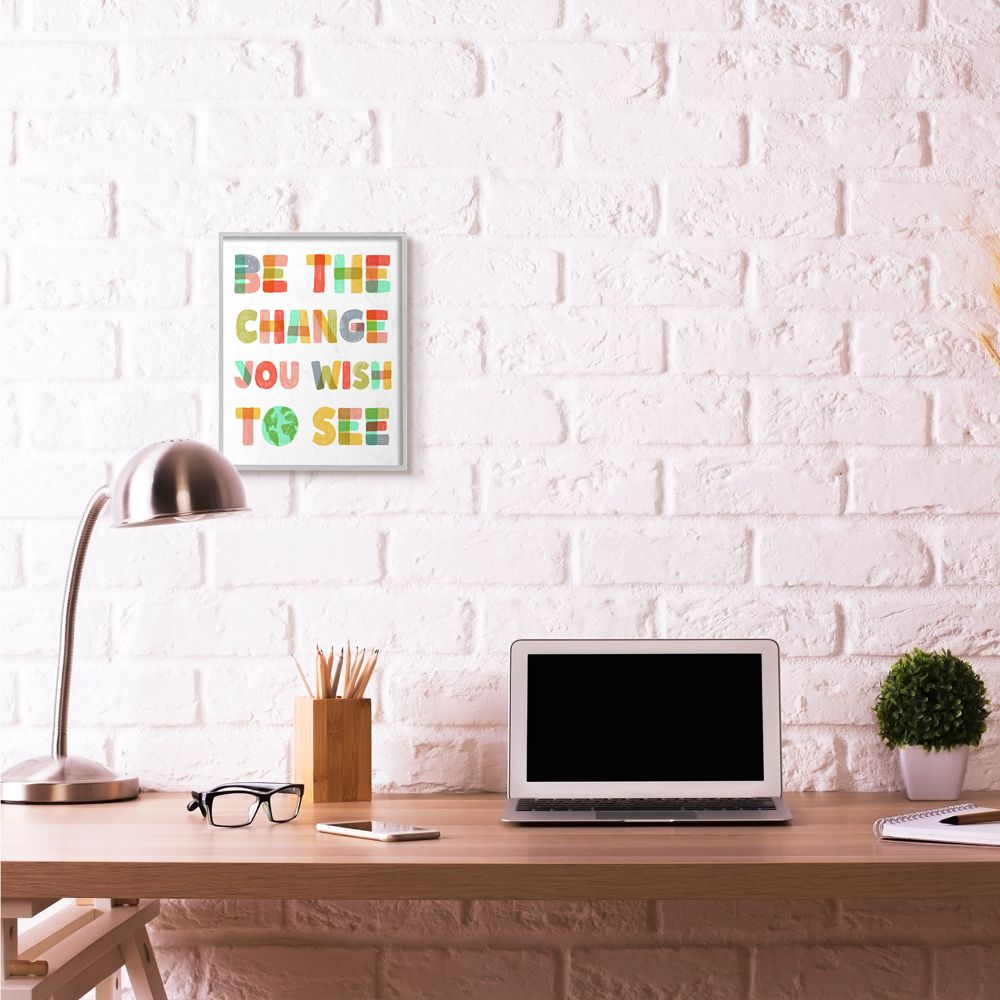 Be The Change Rainbow Pastel Letters Kids Inspirational Word Design Gray Farmhouse Rustic Framed Giclee Texturized Art by Daphne Polselli