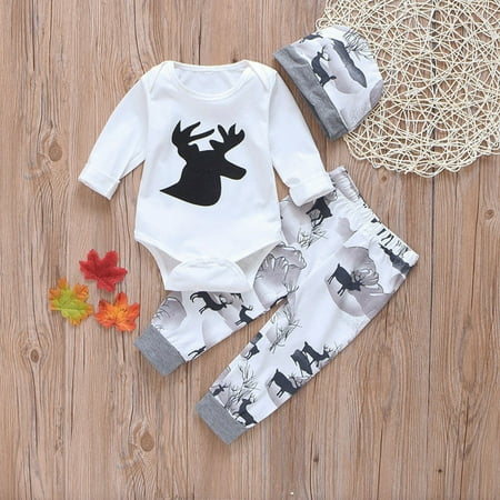 

Baby Boys Girls Cartoon Deer Print Romper+Pants+Hat Outfits
