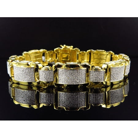 Brushed Mens Link Bracelet - Men' Yellow Gold Finished Dome Bar Link Diamond 9 Inch Bracelet (2.0ct.)