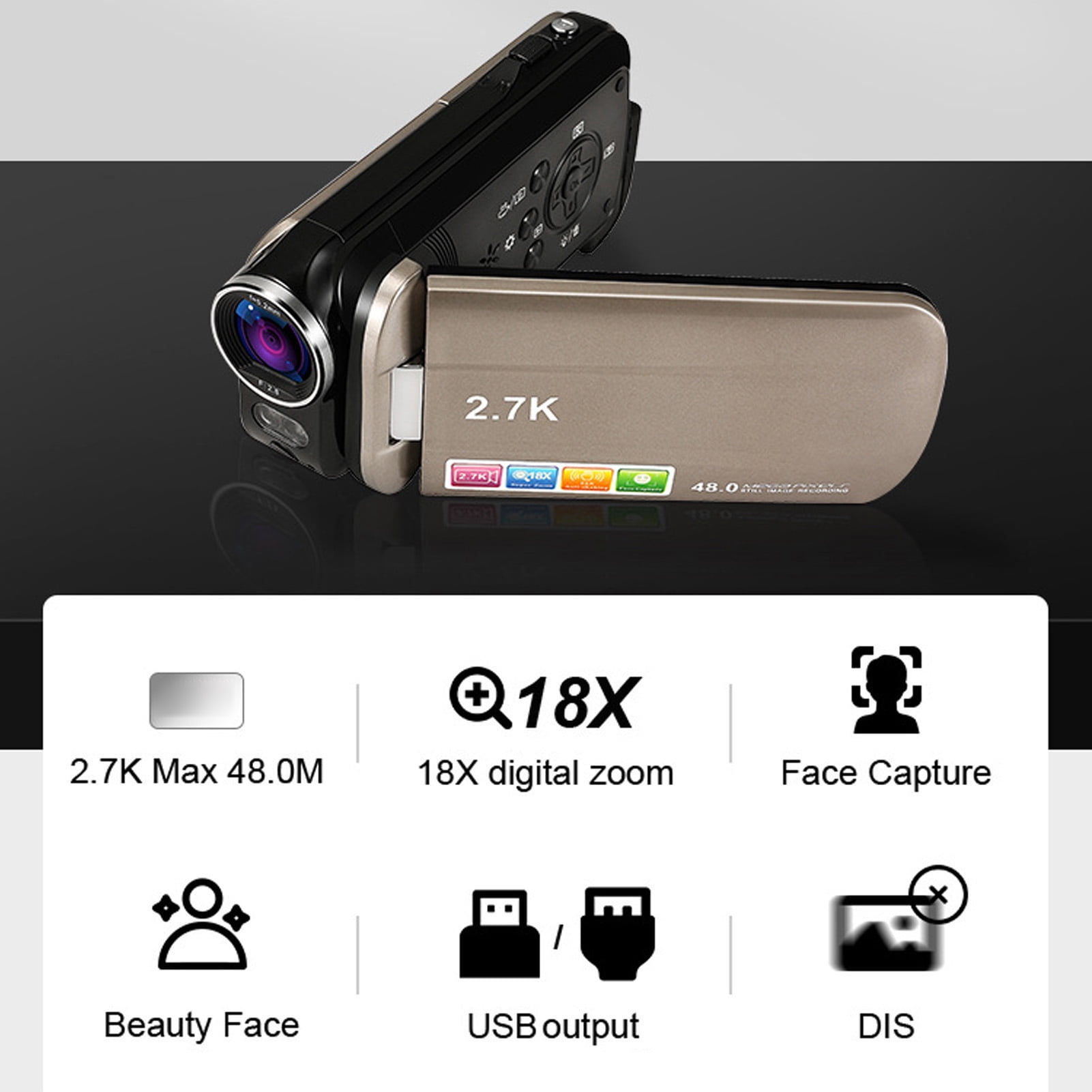 2.7K Video Camera Camcorder 48MP 18X Zoom 3 Inch 180 Degree Rotating Screen Night Vision Digital Camera Recorder with Remote for Travel Vlogging