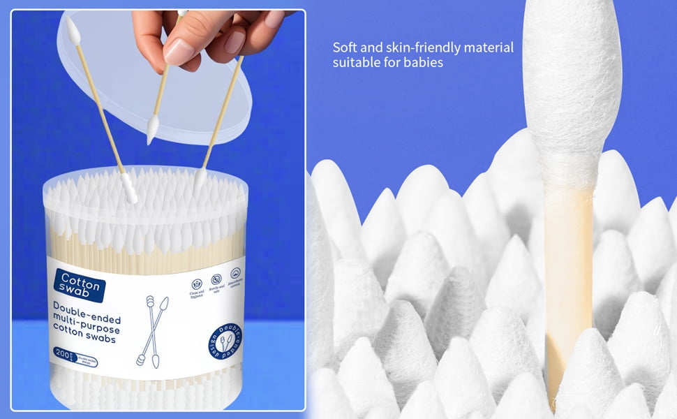 Bamboo Cotton Swabs 200 Count | Eco-Friendly & Pure Cotton Buds | Double Tipped Sticks | 100% Plant-Based & Natural | Perfect for Makeup & Nail Applications, Arts & Crafts