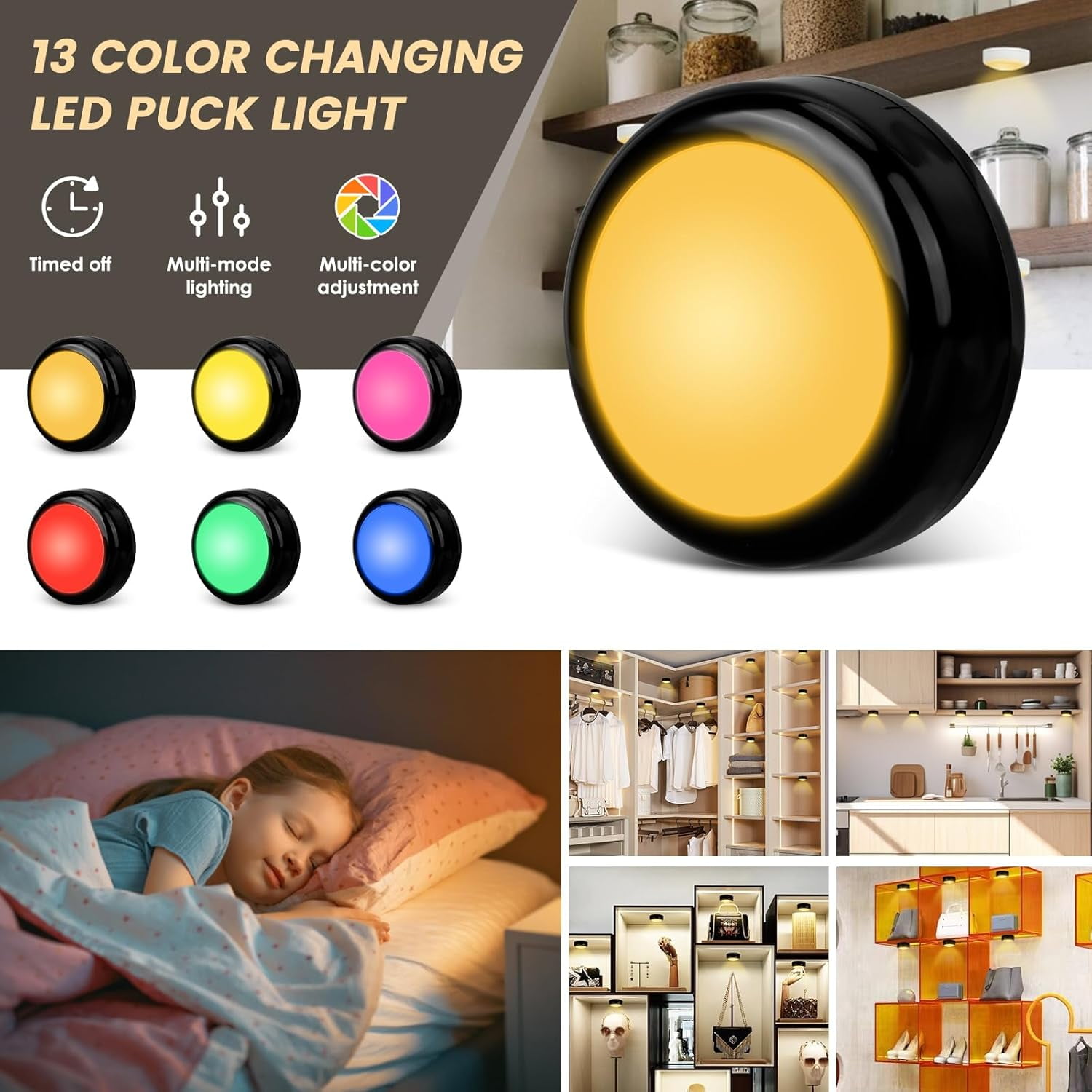 JJEAN-RGBW Color Changing Puck Lights with Wireless Remote - 16 Colors Dimmable Under Cabinet, Battery Powered LED Push Puck Lights with Timer & Memory Function, Black (3 Pack)