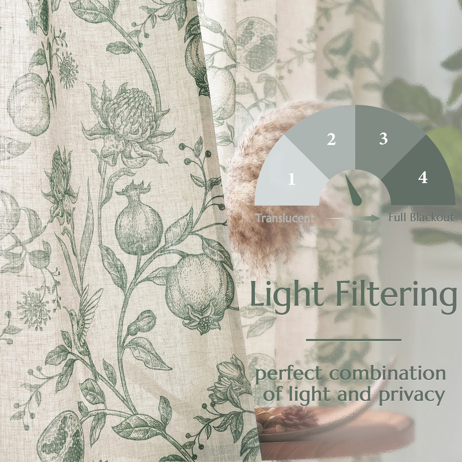 Curtainking Linen Floral Curtains 84 inch Length Curtains Back Tab Light Filtering Farmhouse Drapes for Living Room Bedroom 2 Panels Dark Green