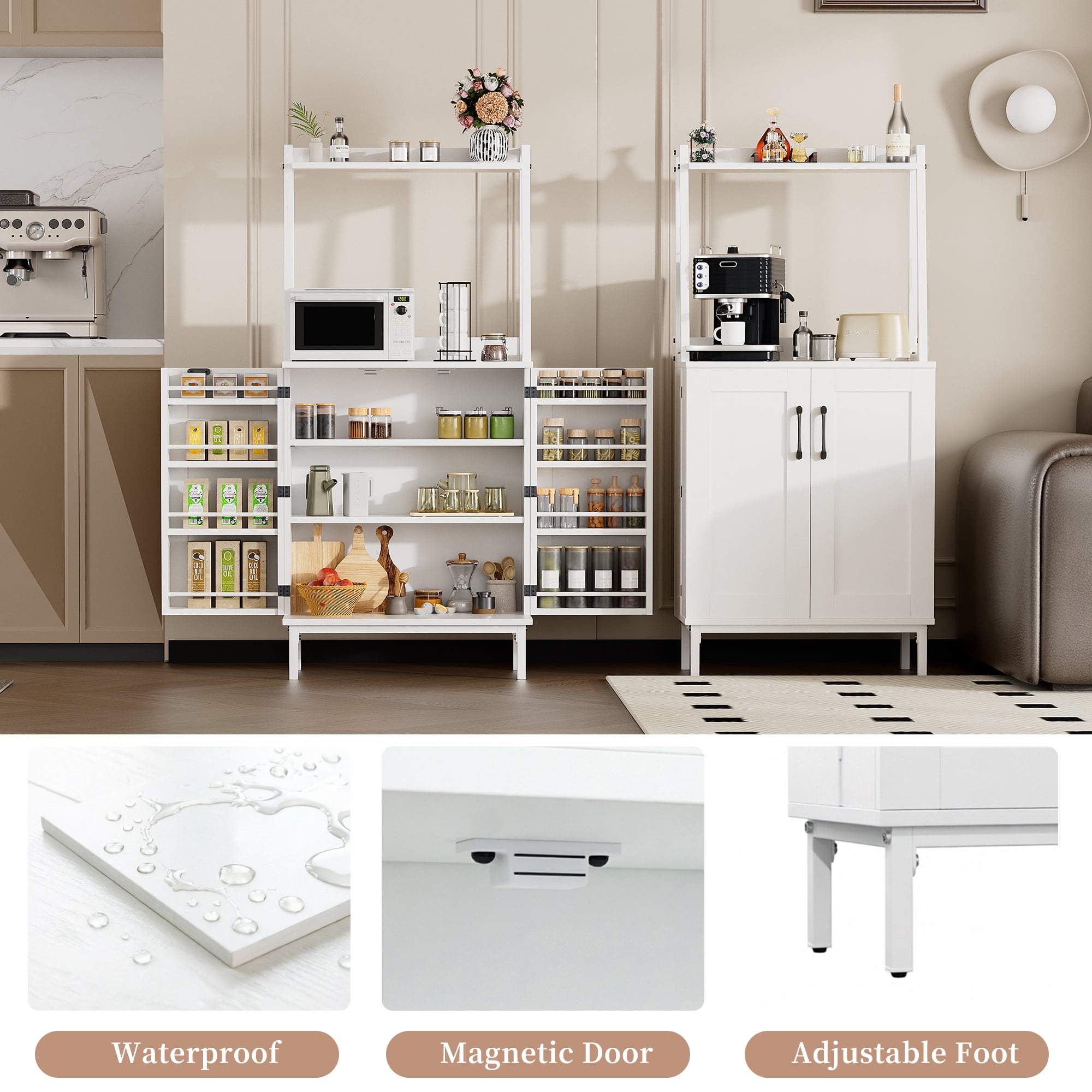 51” Pantry Cabinets with Microwave Shelves, Freestanding Kitchen Pantry Storage Cabinet with Adjustable Shelves, Buffet Cupboards Storage Cabinet for Kitchen, Dining Room, Living Room Use (White)