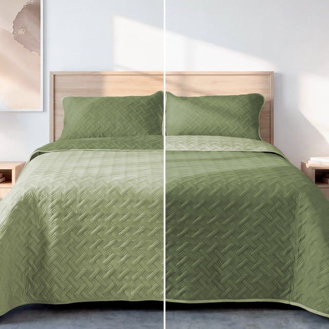 Colcha Ligera Pinsonic Doble Vista Dreamlab con 2 Fundas de Almohada, Edrecolcha Capitonada Reversible Ultrasuave, Edredón de verano, Queen Tape, Verde Seco y Verde Olivo