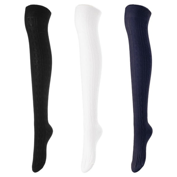 Lovely Annie Women's 3 Pairs Incredible Durable Super Soft Unique Over Knee High Thigh High Cotton Socks Size 6-9 A1024 Black,Cream,Navy