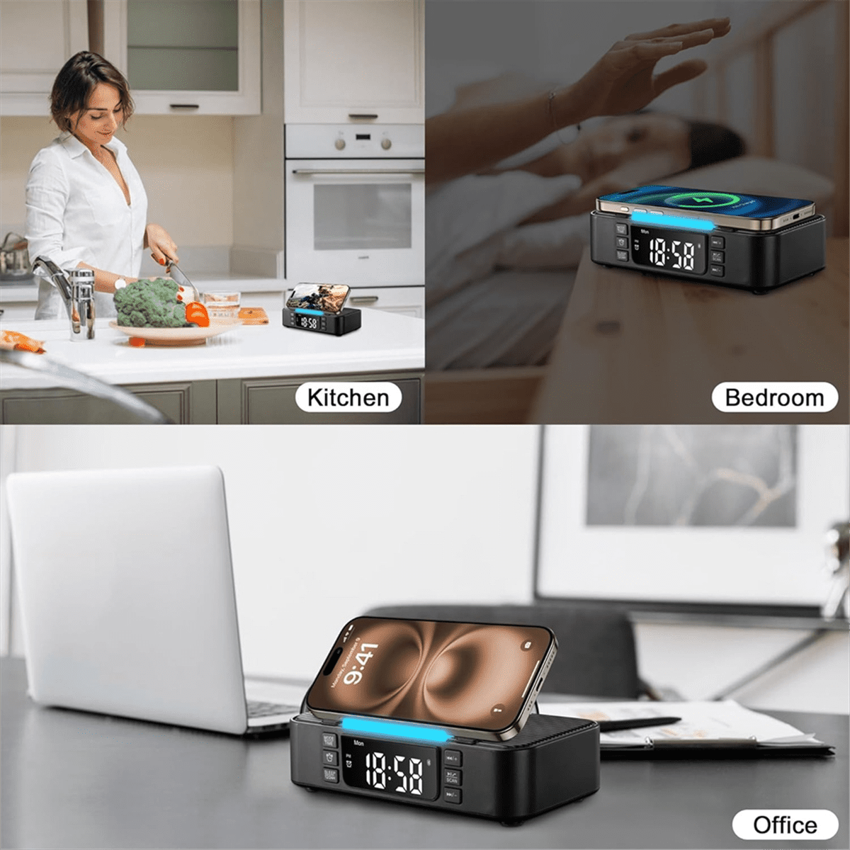 Wireless Charging Station with Bluetooth Speaker, Alarm Clock, FM Radio, Night Light, Phone Holder, Adjustable Display