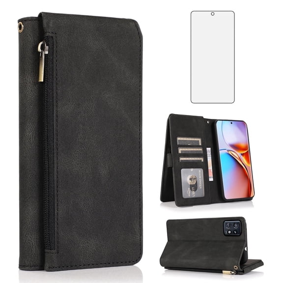 Asuwish Wallet Kickstand Hard Shell Cell Phone Case with Tempered Glass Screen Protector for Motorola Moto Edge Plus 2023/ Moto Edge 40 Pro / Moto X40 / Moto X40 Pro, Black