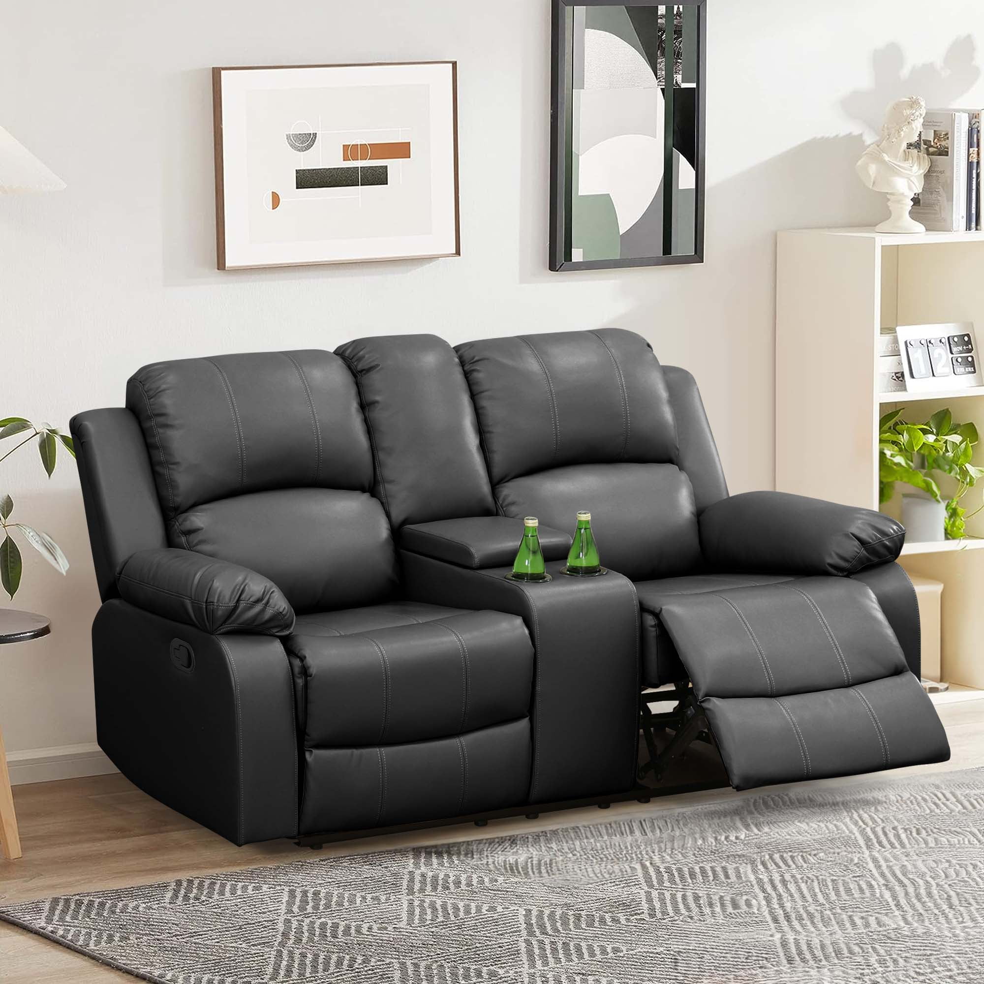 Aukfa Double Manual Recliner Chair, Overstuffed Loveseat w/ Cupholders,Leather, Black
