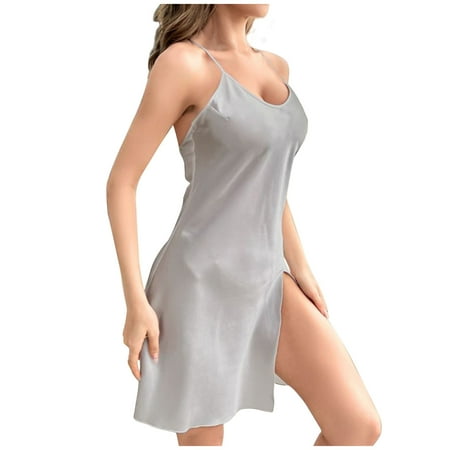 Alkepwun Womens Satin Nightshirts Sexy Sleepdress Nightshirt Spaghetti Strap Short Chemise Lingerie Sleepwear Thigh Slit Cross-back Slip Dress