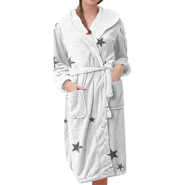 Jindong Robes en Peluche pour Femmes Robe en Polaire Longue Chaude Peignoir de Bain Veste de Détente Imprimée Robe de Confort Robes pour Femmes