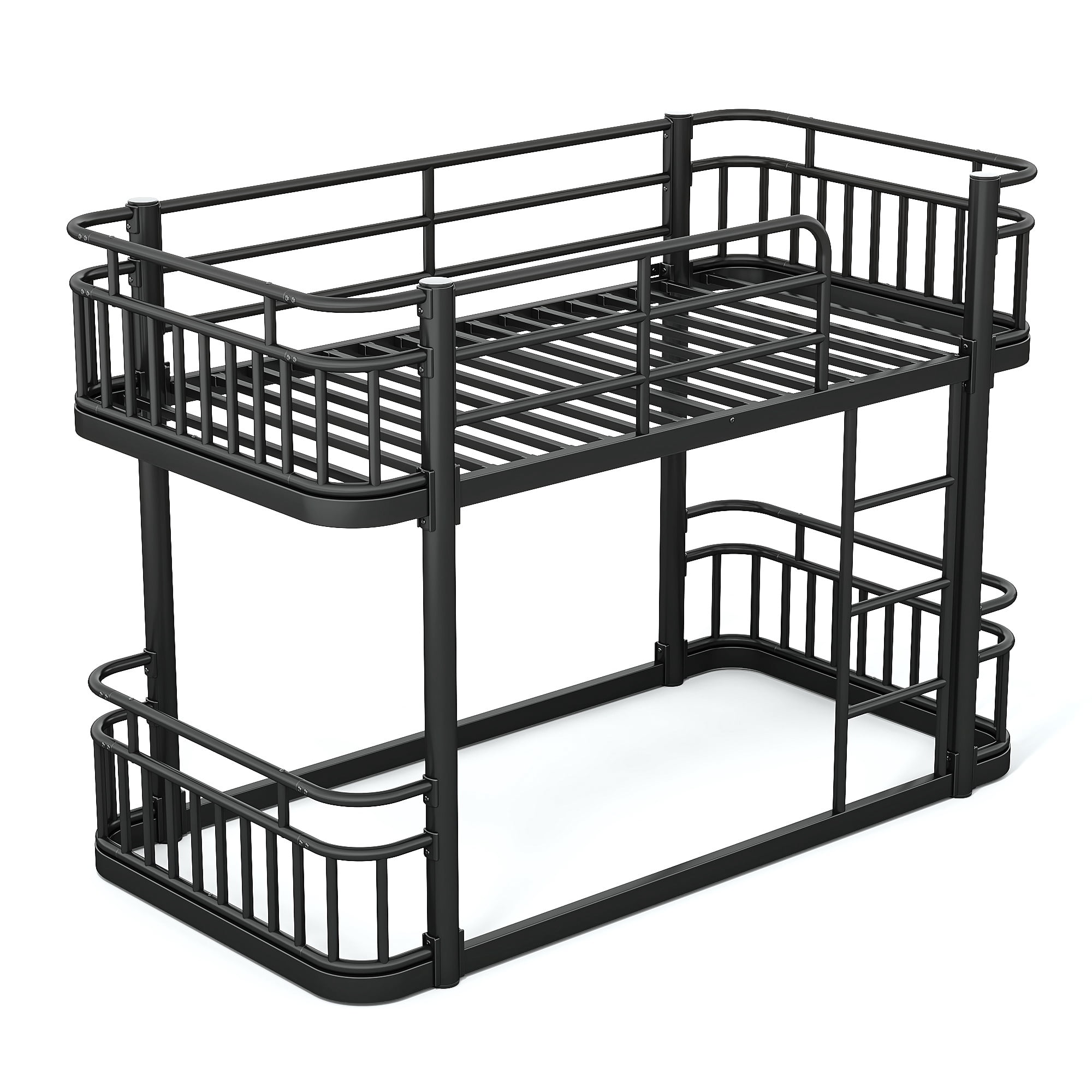 Twin Over Twin Bunk Bed 76.8 Inch, Metal Bed Frame with Ladder and Full Length Guardrails for Kids Teens Adults, Sturdy Round Pipe Construction, No Box Spring Needed, Black