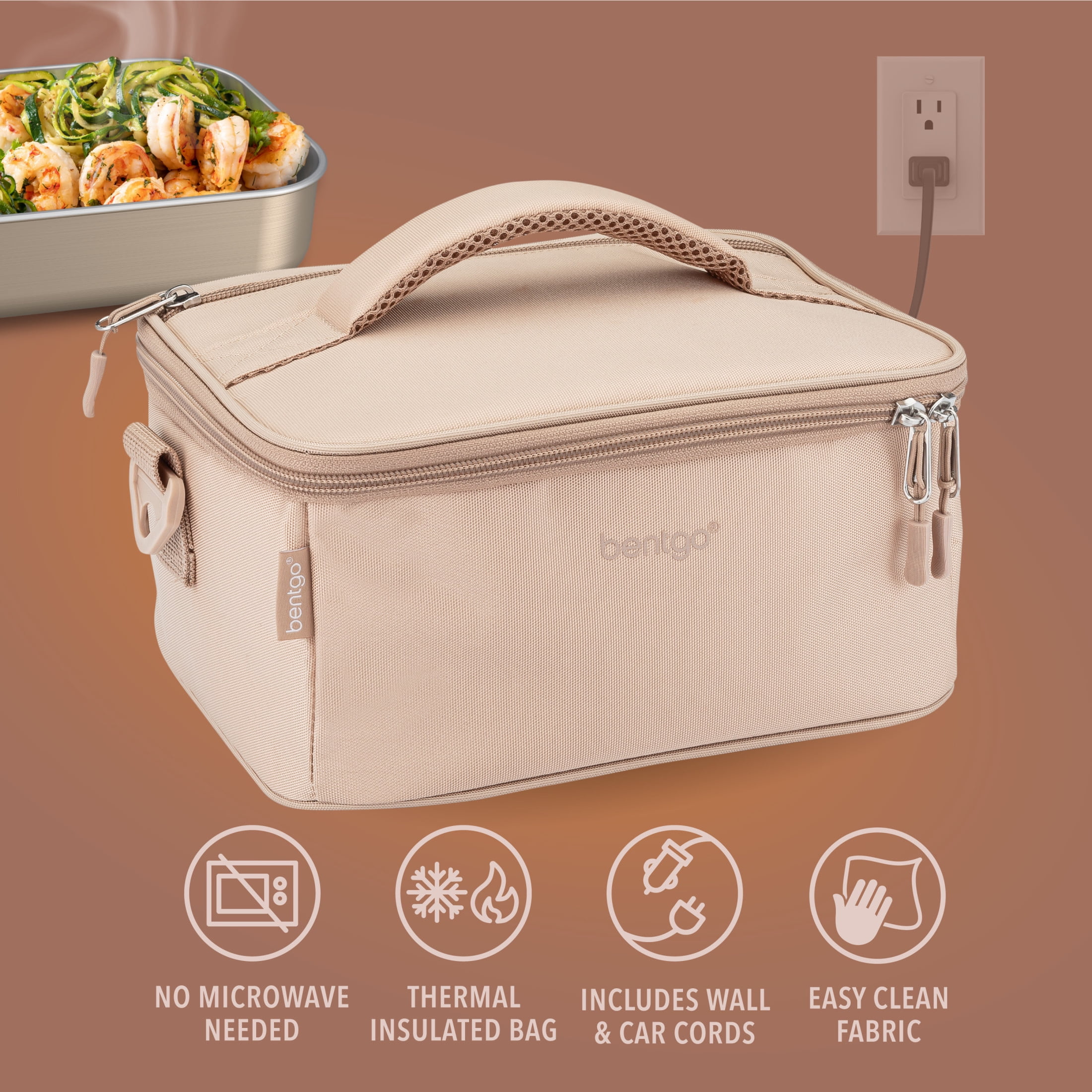 Bentgo Heat - Electric Lunch Bag & Food Warmer for Reheating Meals in Car, at Work & More - Heated Lunch Box Warmer for Adults, Students & Shift Workers, 12V/24V Auto & 120V Wall Cords (Sand)