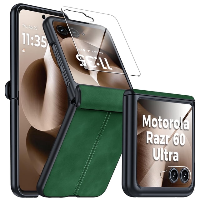Vizvera para Motorola Razr 2025 Ultra Funda, con Protector de Pantalla y Carga Inalámbrica y Ultra Cuero PU Delgado Mate PC a Prueba de Golpes Cubierta Funda de Teléfono-verde