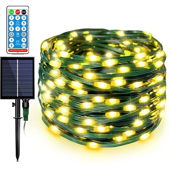 Morttic Solar Fairy Lights Outdoor ,Waterproof 33ft 100 LED Solar String Lights 8 Modes Dark Green Leather Wire Lights for Tree Garden Patio Wedding Party Yard Christmas Decor Warm White