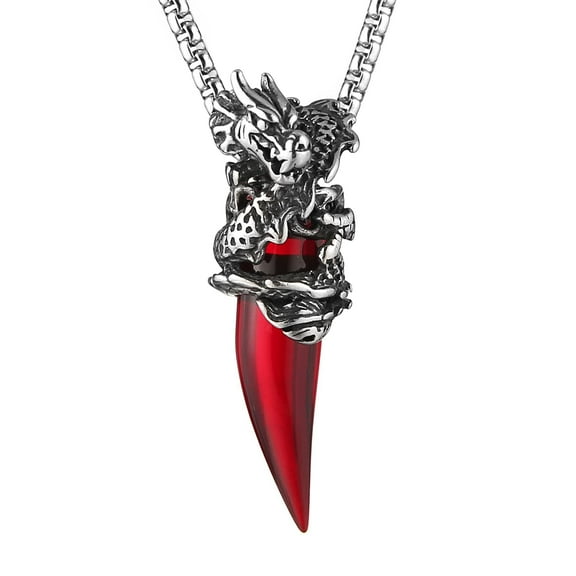 HZMAN Retro Dragon Necklace for Men Women Stainless Steel Gothic Punk Dragon Wrap Crystal Tooth Pendant Biker Party Jewelry Gift (Red)