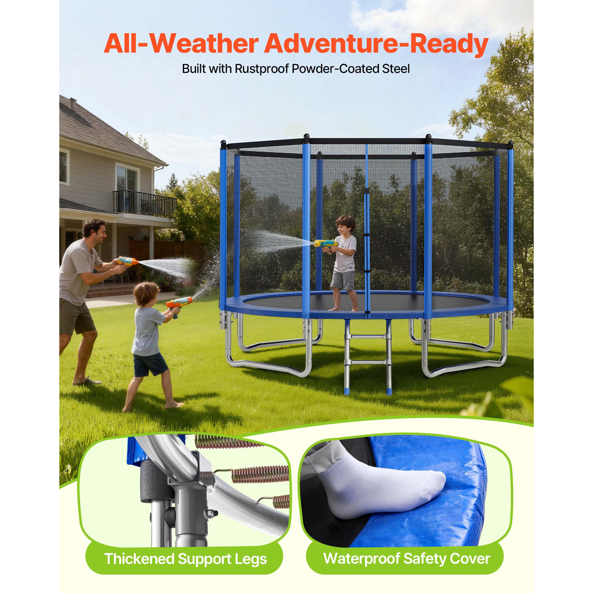 KFFKFF 12FT Outdoor Trampoline with Safety Enclosure, ASTM Certified, Durable Design, 400 lbs Weight Limit, Rust-Resistant Recreational Trampoline for Backyard Fun