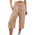 thumbnail image 2 of Stephy Women's Fashionable Cotton and Linen Solid Color Elastic Waist Three Quarter High Waist Casual Pants and Sports Pants, Yellow, 3XL, 2 of 5